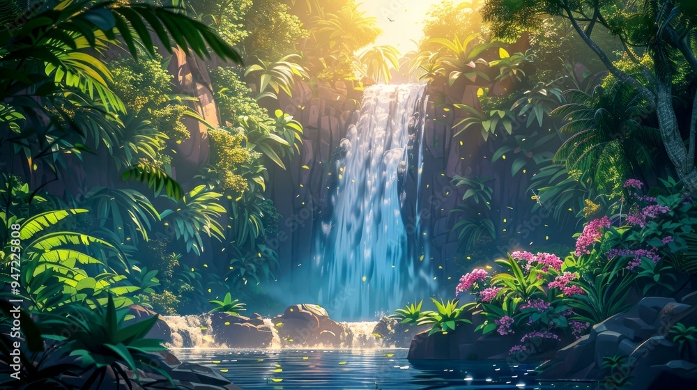 Sunlit Waterfall Cascading into a Tropical Lagoon Sunlit Waterfall Cascading into a Tropical Lagoon