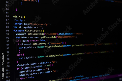 Software source code. Programming code. Programming code on computer screen. Developer working on program codes in office. Source code photo