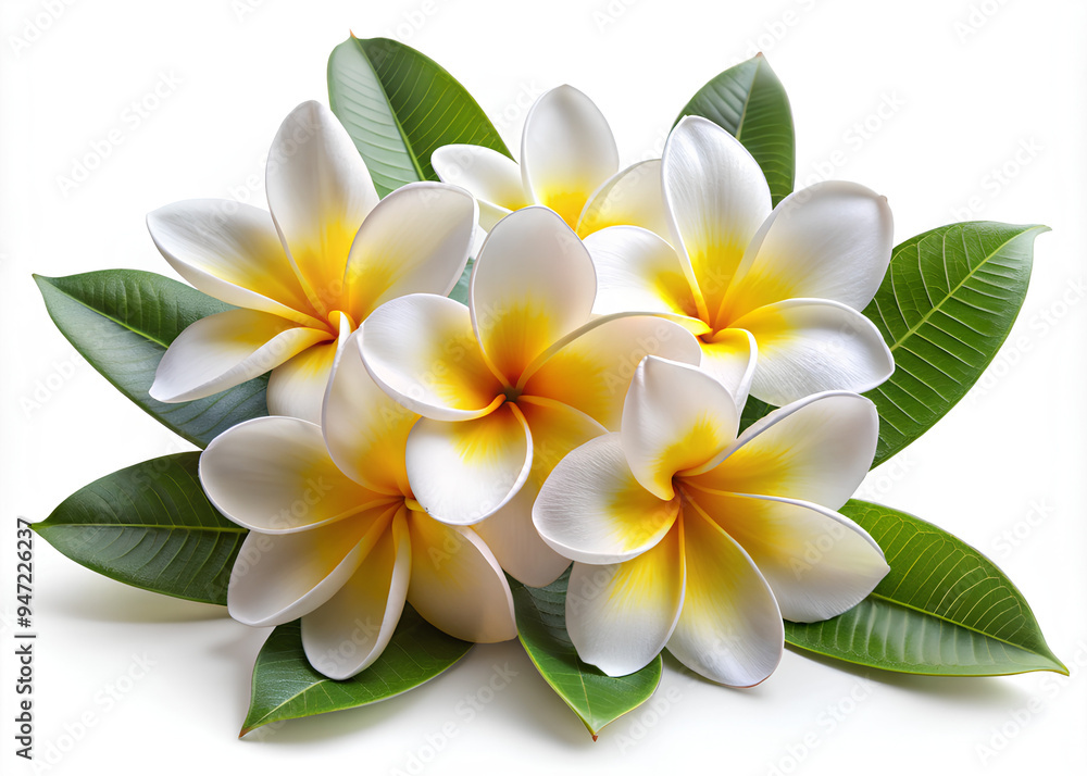 Fototapeta premium Tropical White Rangipani plumeria Spa Flowers isolated on white background, Clipping path