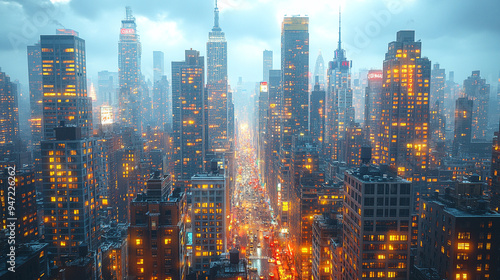 Wallpaper Mural Stunning aerial view of a vibrant cityscape at dusk with glowing lights and high-rise buildings Torontodigital.ca