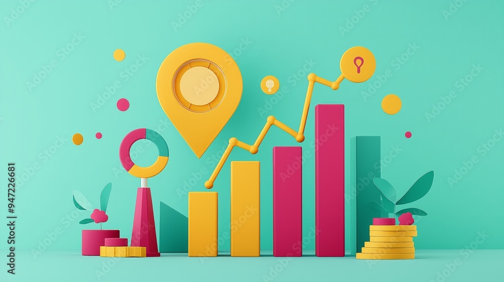 Colorful 3D illustration of growth chart, coins, and location icon representing financial success and data analysis. Colorful 3D illustration of growth chart, coins, and location icon representing financial success and data analysis.