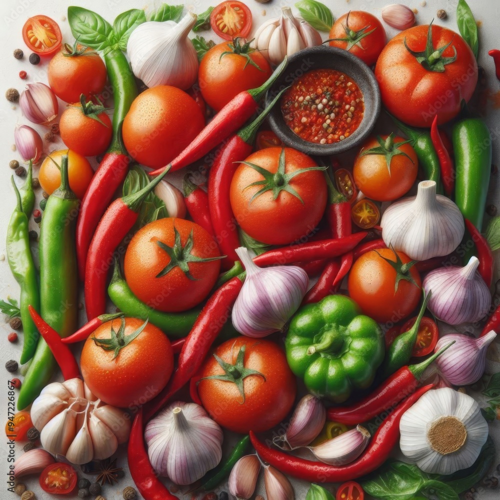 Tomato, Garlic, and Hot Chili Pepper on White Background for Package Design Tomato, Garlic, and Hot Chili Pepper on White Background for Package Design