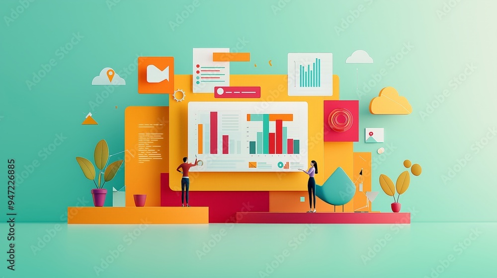 Colorful infographic showcasing data analysis and presentation with characters interacting with visual elements. Colorful infographic showcasing data analysis and presentation with characters interacting with visual elements.