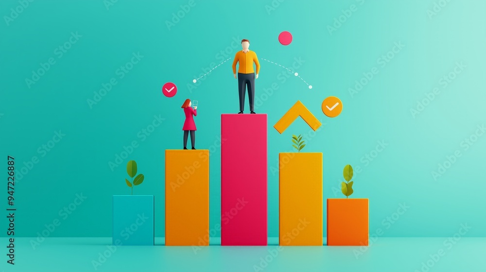 Colorful infographic showing business growth with figures representing success and progress in a modern, dynamic style. Colorful infographic showing business growth with figures representing success and progress in a modern, dynamic style.