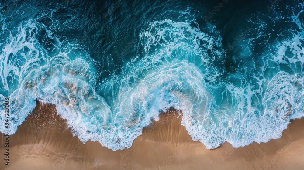 Design an aerial perspective showcasing the serene interaction between azure waves and a sandy beach, creating a peaceful and picturesque landscape Design an aerial perspective showcasing the serene interaction between azure waves and a sandy beach, creating a peaceful and picturesque landscape