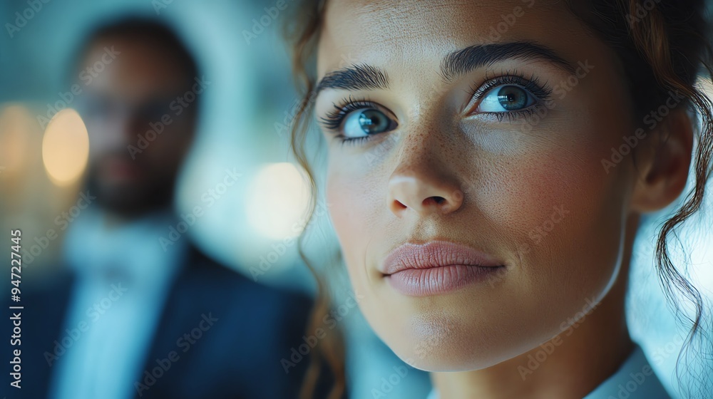 A woman with piercing blue eyes gazes intently into the distance, a man blurred in the background. A woman with piercing blue eyes gazes intently into the distance, a man blurred in the background.