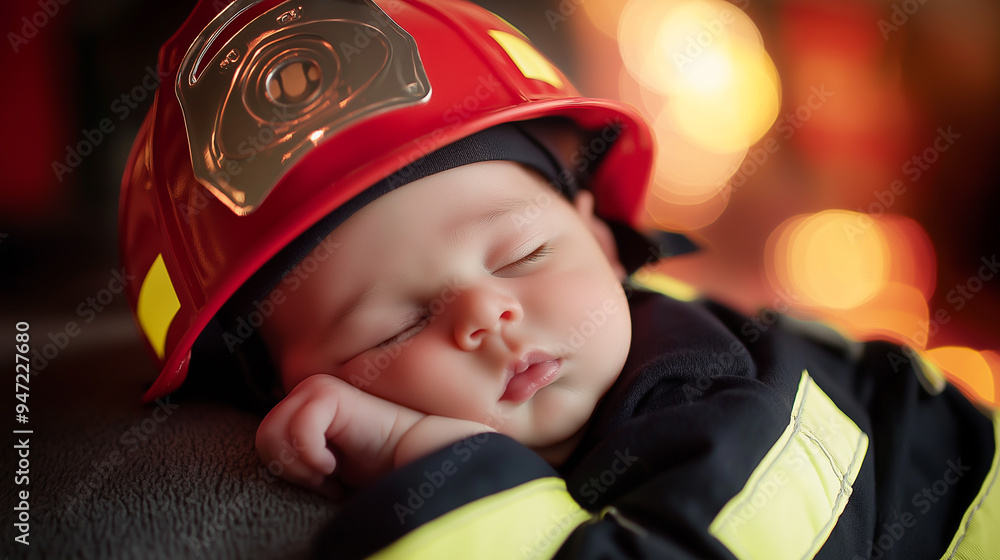 Obraz premium Arafed baby wearing a fireman's hat sleeping on a couch. AI Generated