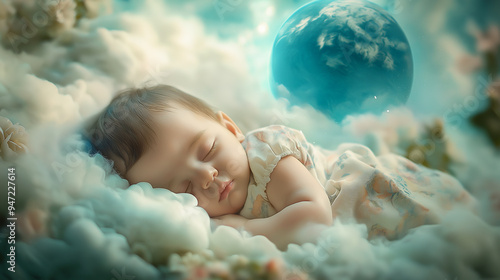 Arafed baby sleeping in clouds with a blue planet in the background. AI Generated 