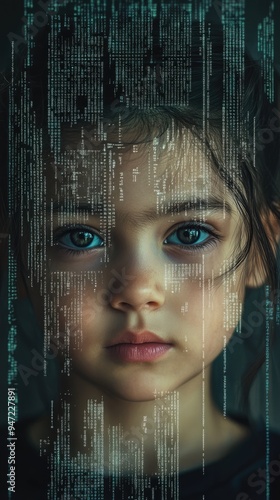 Little girl with digital code data overlay, cyberspace and information technology of the future. Ai education and cybersecurity