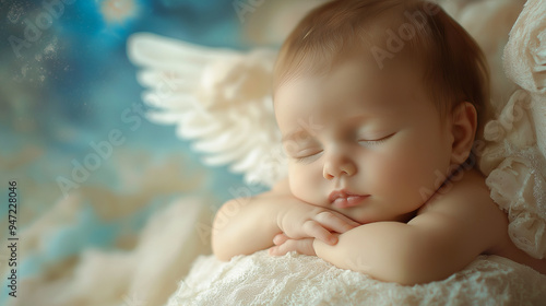 Newborn sleeping with angel wings on a blanket. AI Generated 