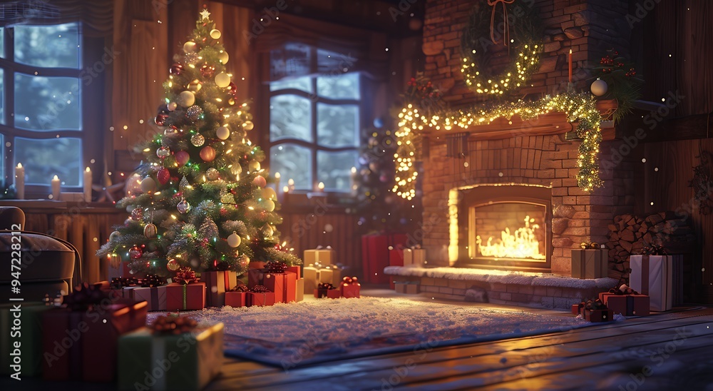 A cozy Christmas scene with an elegantly decorated tree, presents under the tree, and a burning fireplace in a warm room A cozy Christmas scene with an elegantly decorated tree, presents under the tree, and a burning fireplace in a warm room