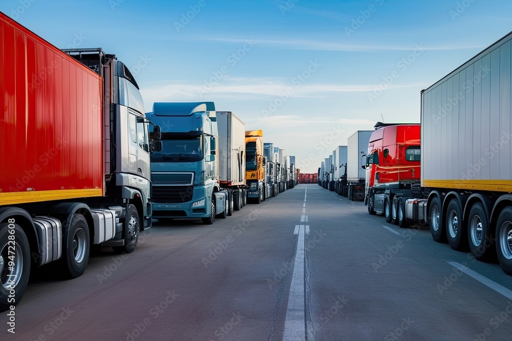 Close-up Perspective of Transport Trucks Lined Up at a Cargo Terminal for Delivery and Logistics Close-up Perspective of Transport Trucks Lined Up at a Cargo Terminal for Delivery and Logistics