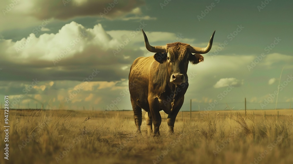 Longhorn Bull in a Field with Cloudy Sky Longhorn Bull in a Field with Cloudy Sky