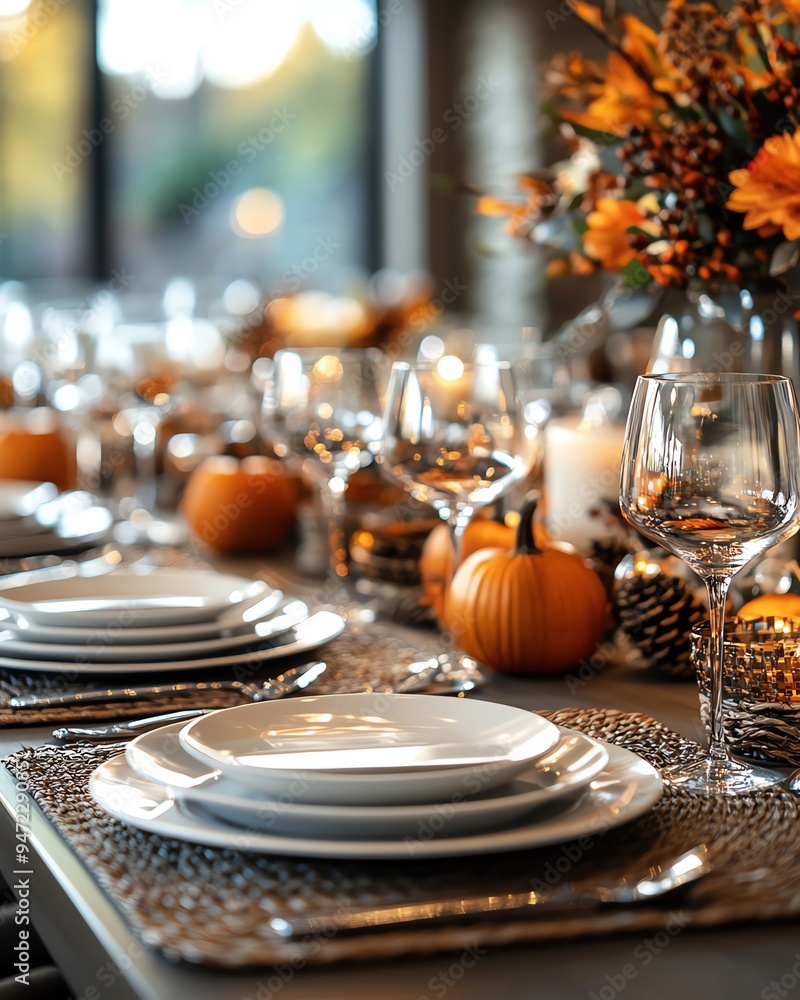 A festive Thanksgiving table setting with elegant plates A festive Thanksgiving table setting with elegant plates