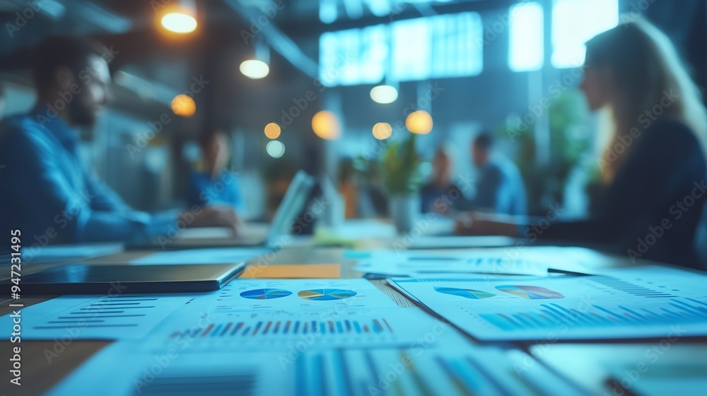 A close-up of a desk with financial documents and a laptop, with blurred background of people working in an office. A close-up of a desk with financial documents and a laptop, with blurred background of people working in an office.