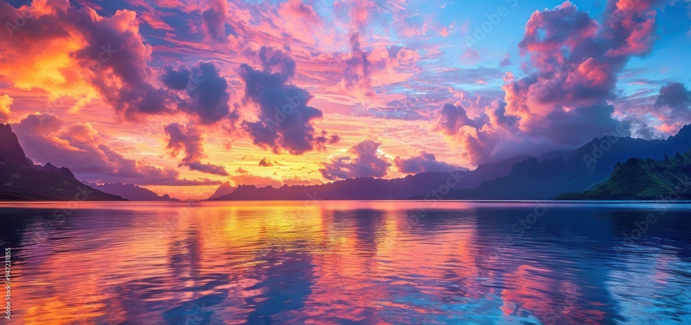 Vibrant Sunset Over Serene Mountains and Calm Waters Vibrant Sunset Over Serene Mountains and Calm Waters