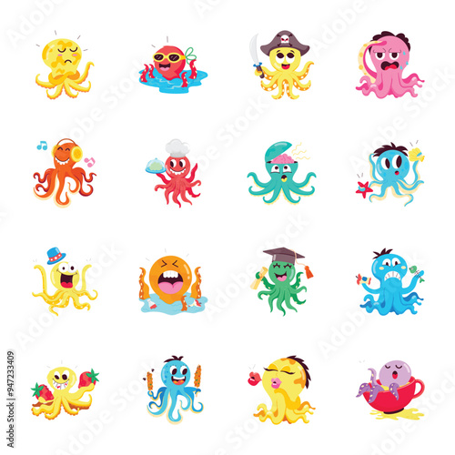 Handy Pack of Octopus Cartoon Flat Stickers 

