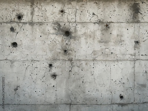 Close-up of a concrete wall with bullet holes, showing the impact of violence and destruction.