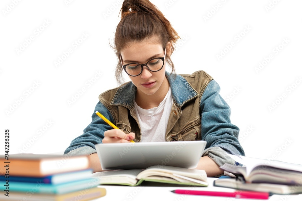 A woman sits at a table with a tablet computer, great for business or personal use A woman sits at a table with a tablet computer, great for business or personal use