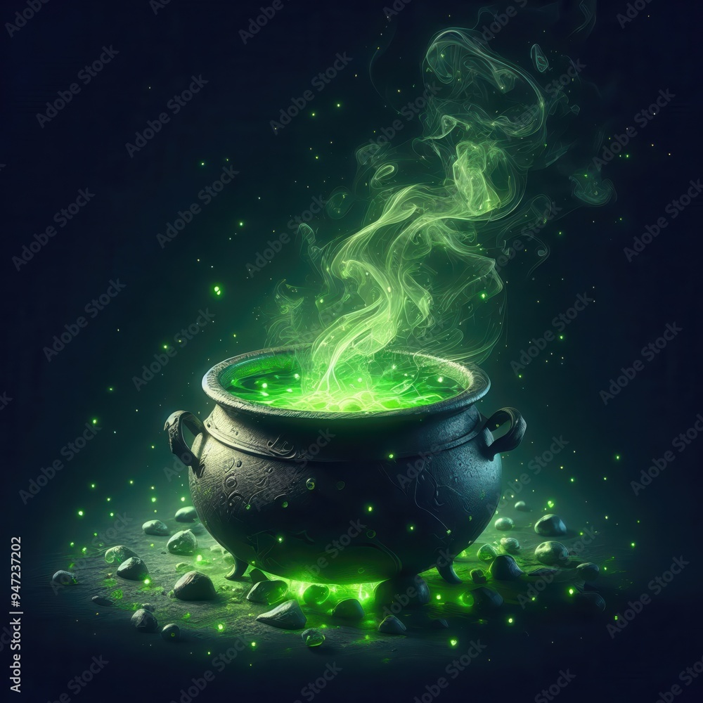 A mystical black cauldron bubbling with vibrant green liquid and swirling smoke, perfect for themes of magic, Halloween, or fantasy in creative projects. A mystical black cauldron bubbling with vibrant green liquid and swirling smoke, perfect for themes of magic, Halloween, or fantasy in creative projects.