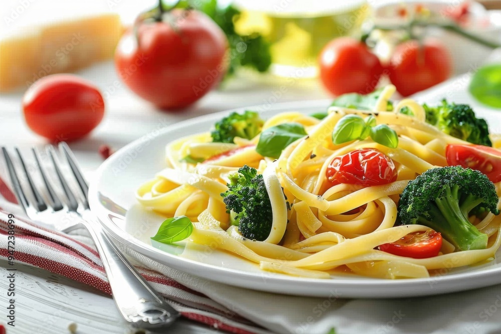 A plate of pasta served with steamed broccoli and cherry tomatoes A plate of pasta served with steamed broccoli and cherry tomatoes