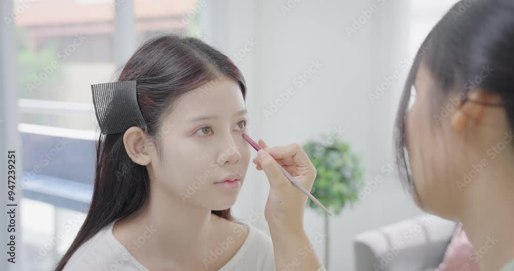 Young Asian model's make-up is done by a professional make-up artist. Makeup artist's face. Makeup artist applies powder to the model's face. Makeup artist in the process Young Asian model's make-up is done by a professional make-up artist. Makeup artist's face. Makeup artist applies powder to the model's face. Makeup artist in the process