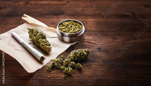 Marijuana bud ,crushed bud of marijuana on the rolling paper, rolling cannabis joint