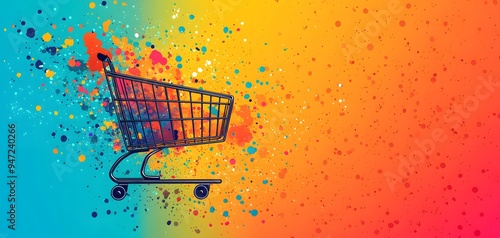 A shopping cart illustrated in black outlines sits against a colorful, playful background of splashes, conveying excitement for online shopping. The background is solid with vivid colors.