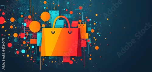 A colorful shopping bag stands out amid scattered geometric shapes and dots, creating an energetic atmosphere. The background is solid, reflecting a modern digital shopping vibe. photo