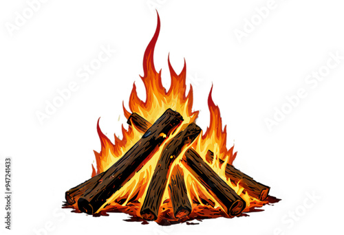 bonfire at night with vibrant fire colors ranging from deep reds to bright yellows, including sparks rising from the flames, on a transparent background