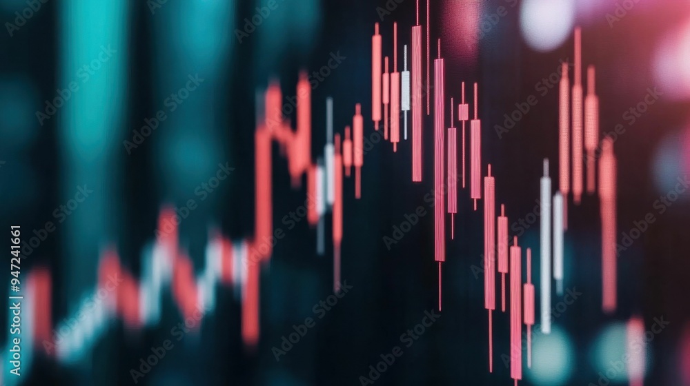 Visualization of stock market. Close-up of a financial candlestick chart with red and white bars on a dark background, representing stock market trends. Visualization of stock market. Close-up of a financial candlestick chart with red and white bars on a dark background, representing stock market trends.