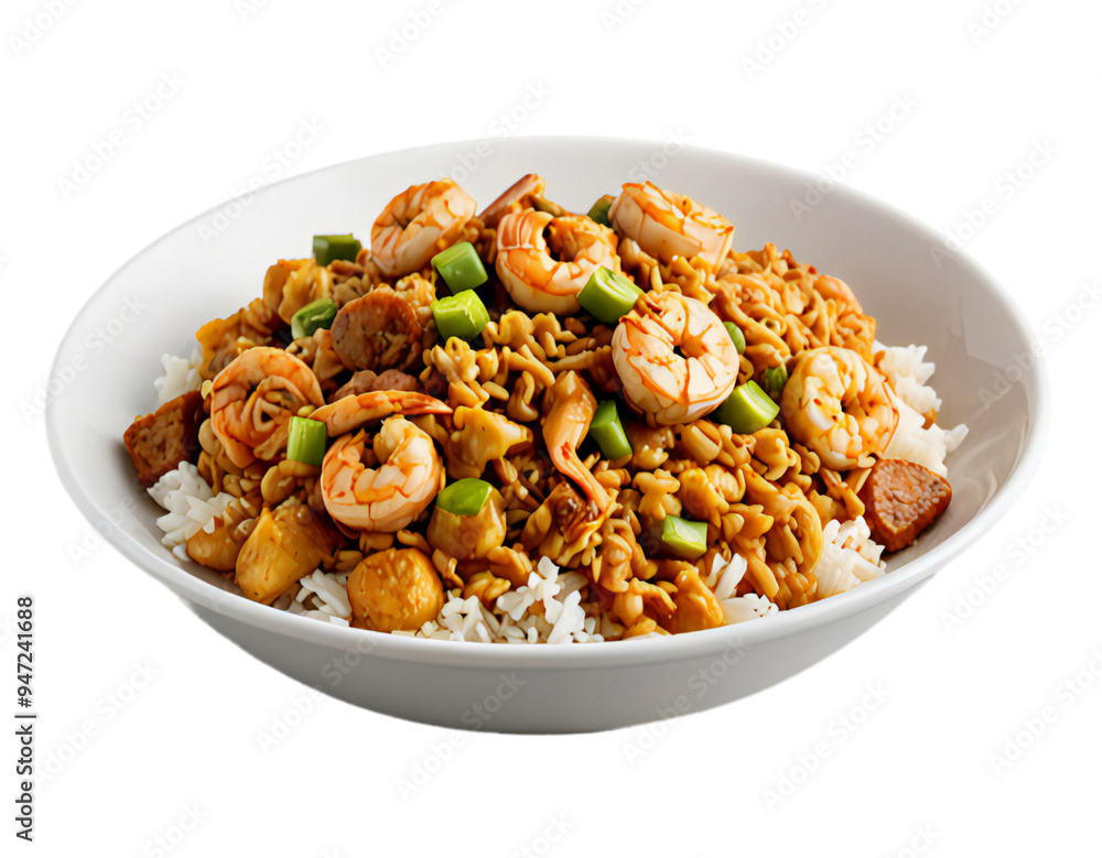 bowl of jambalaya with shrimp, sausage, rice, and green onions bowl of jambalaya with shrimp, sausage, rice, and green onions