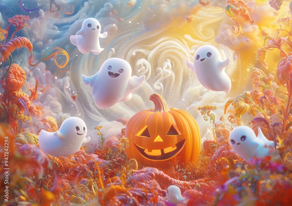 Whimsical Claymation Halloween Scene with Adorable Ghosts and Jack O' Lantern Surrounded by Colorful Swirls and Flowers Whimsical Claymation Halloween Scene with Adorable Ghosts and Jack O' Lantern Surrounded by Colorful Swirls and Flowers