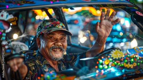 A Thai taxi driver helping a tourist with their luggage near a hotel