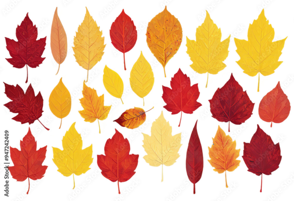 Fototapeta premium collection of fall foliage leaves transitioning in color from vibrant yellow to rich crimson, each leaf with detailed textures and edges, arranged sequentially on a transparent background.