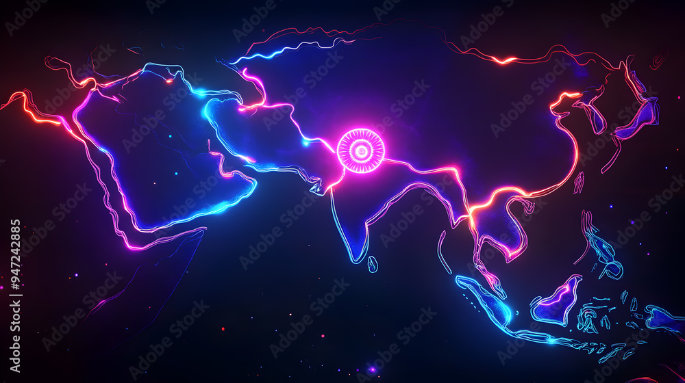 Neon glowing lines outlining a map of Asia with a pink glowing circle over India. Neon glowing lines outlining a map of Asia with a pink glowing circle over India.