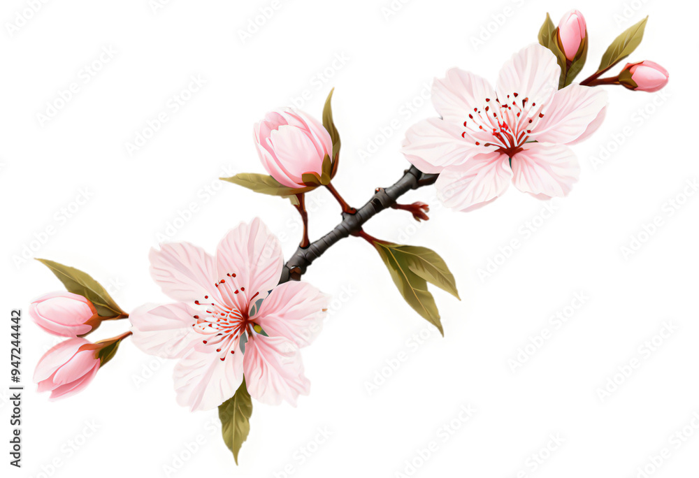 Obraz premium digital illustration of three delicate cherry blossoms with a soft pink hue and subtle gradients, each petal detailed with fine lines to suggest texture, set against a transparent background