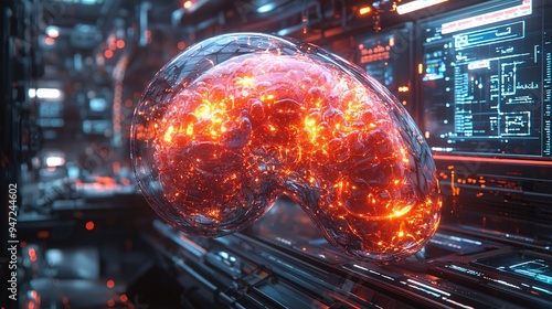 A liver made out of abstract glass shapes, floating in a futuristic medical facility surrounded by holographic displays.