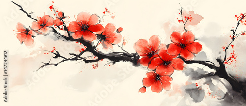 Watercolor painting of a cherry blossom branch with red flowers.
