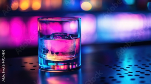 Glass of Ice Water With Neon Lights