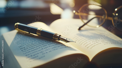 A fountain pen rests on an open book with eyeglasses in the background.