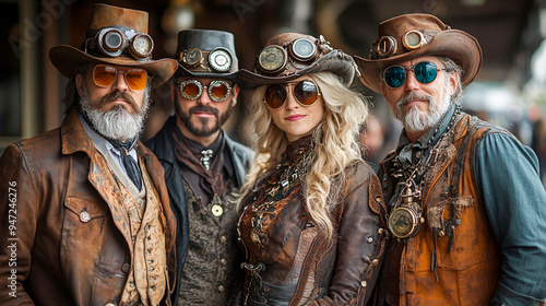 Steampunk Squad: Friends in Elaborate Halloween Costumes with Gears and Gadgets