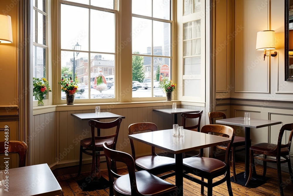 Fototapeta premium Elegant Cafe Interior with Vintage Chairs and Rectangular Tables by Bright Window