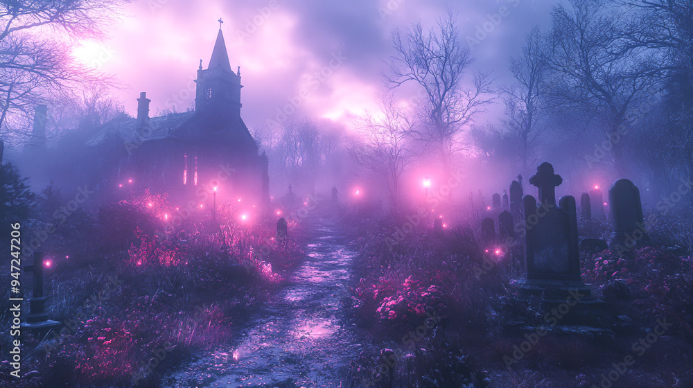 Fototapeta premium Spirits of the Graveyard: Ethereal Beings in Twilight Mist