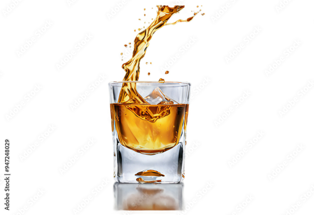 a realistic depiction of two crystal clear glasses toasting, with amber-colored liquid splashing out, set against a transparent background a realistic depiction of two crystal clear glasses toasting, with amber-colored liquid splashing out, set against a transparent background