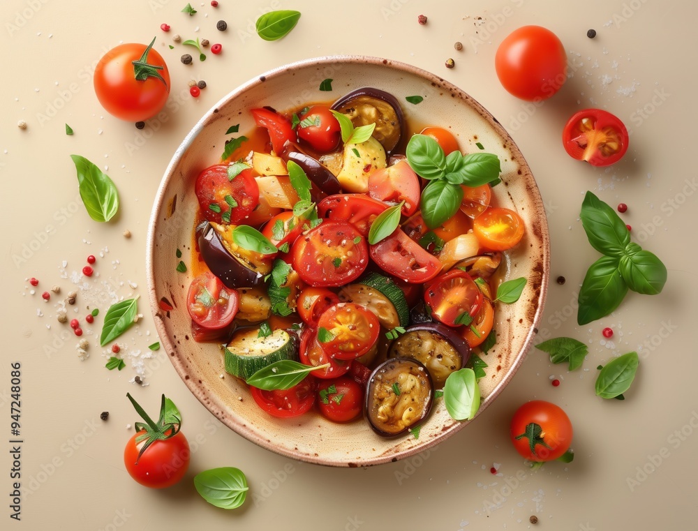 Traditional Spanish Pisto stew with colorful vegetables, eggplant, and zucchini in a rustic ceramic bowl Traditional Spanish Pisto stew with colorful vegetables, eggplant, and zucchini in a rustic ceramic bowl