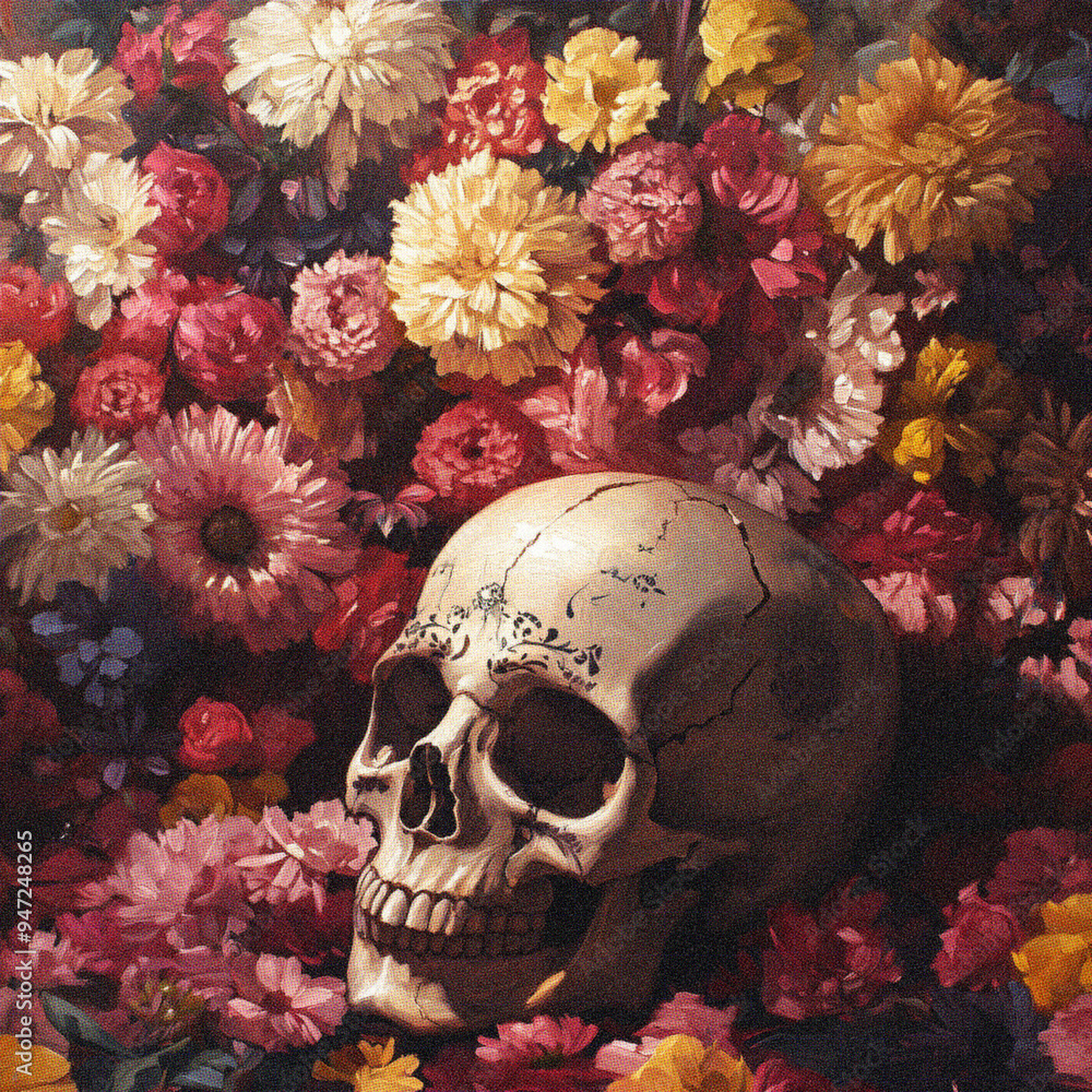 Dia de los Muertos Skull with Vibrant Flowers, Gothic Floral Art Dia de los Muertos Skull with Vibrant Flowers, Gothic Floral Art