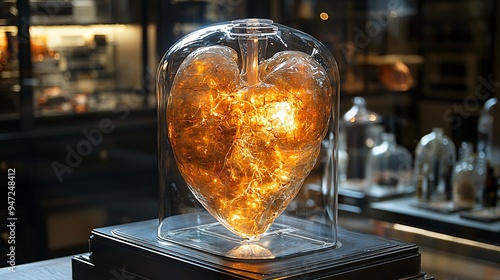 A human liver encased in a glass container, displayed in a museum or medical gallery setting with soft lighting. photo