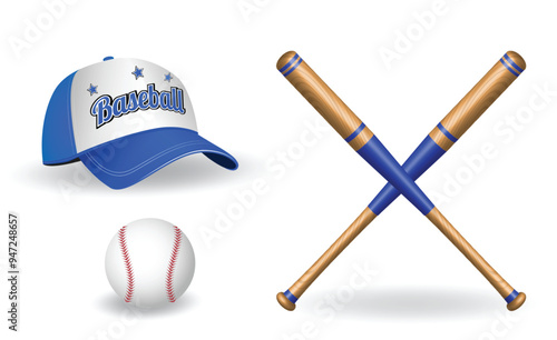 An illustration of a blue and white baseball cap, two crossed wooden bats with blue accents, and a classic baseball with red stitching. The cap has the word "Baseball" emblazoned on the front