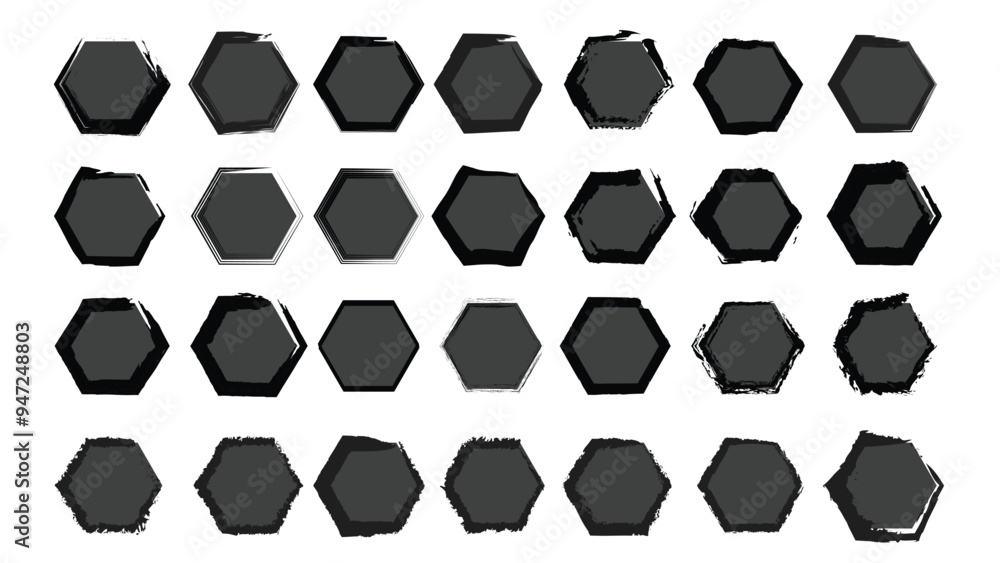 grungy paint brush hand drawn Hexagon collection in thin black stokes isolated on white background grungy paint brush hand drawn Hexagon collection in thin black stokes isolated on white background